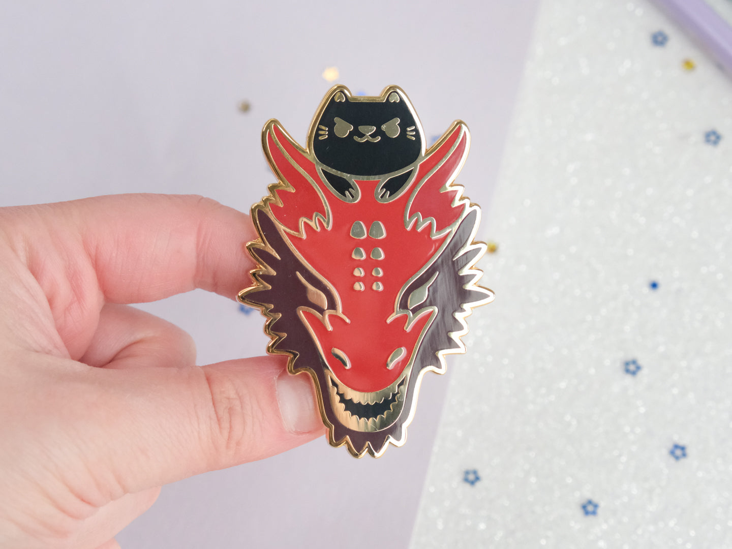 Black Kitty Riding a Red Dragon Pins