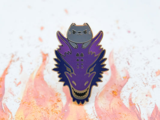 Grey Kitty Riding a Purple Dragon Pins