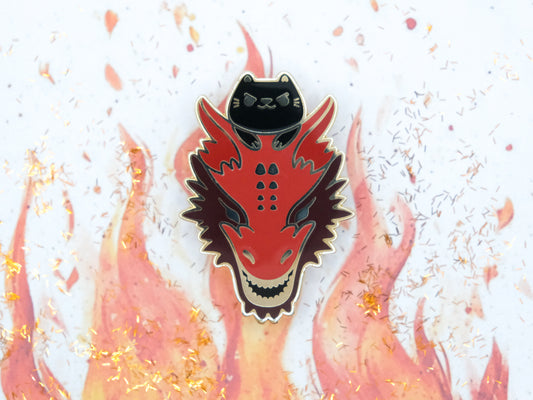 Black Kitty Riding a Red Dragon Pins