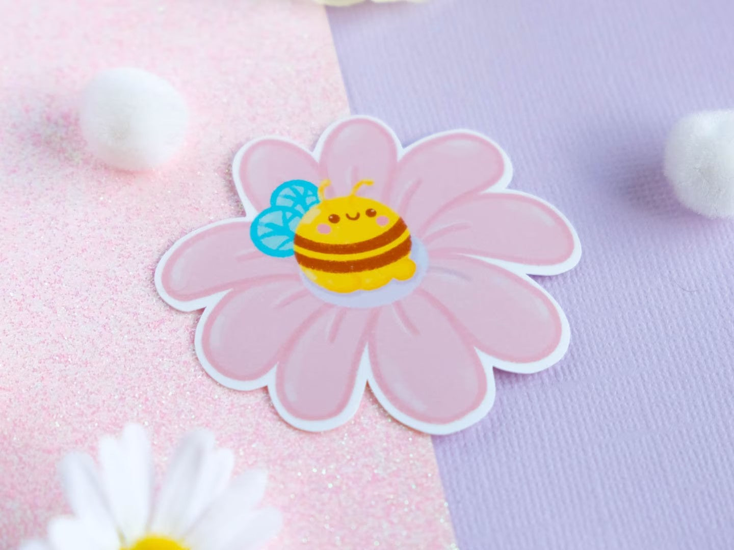 Little Bee Sitting on Pink Flower Sticker