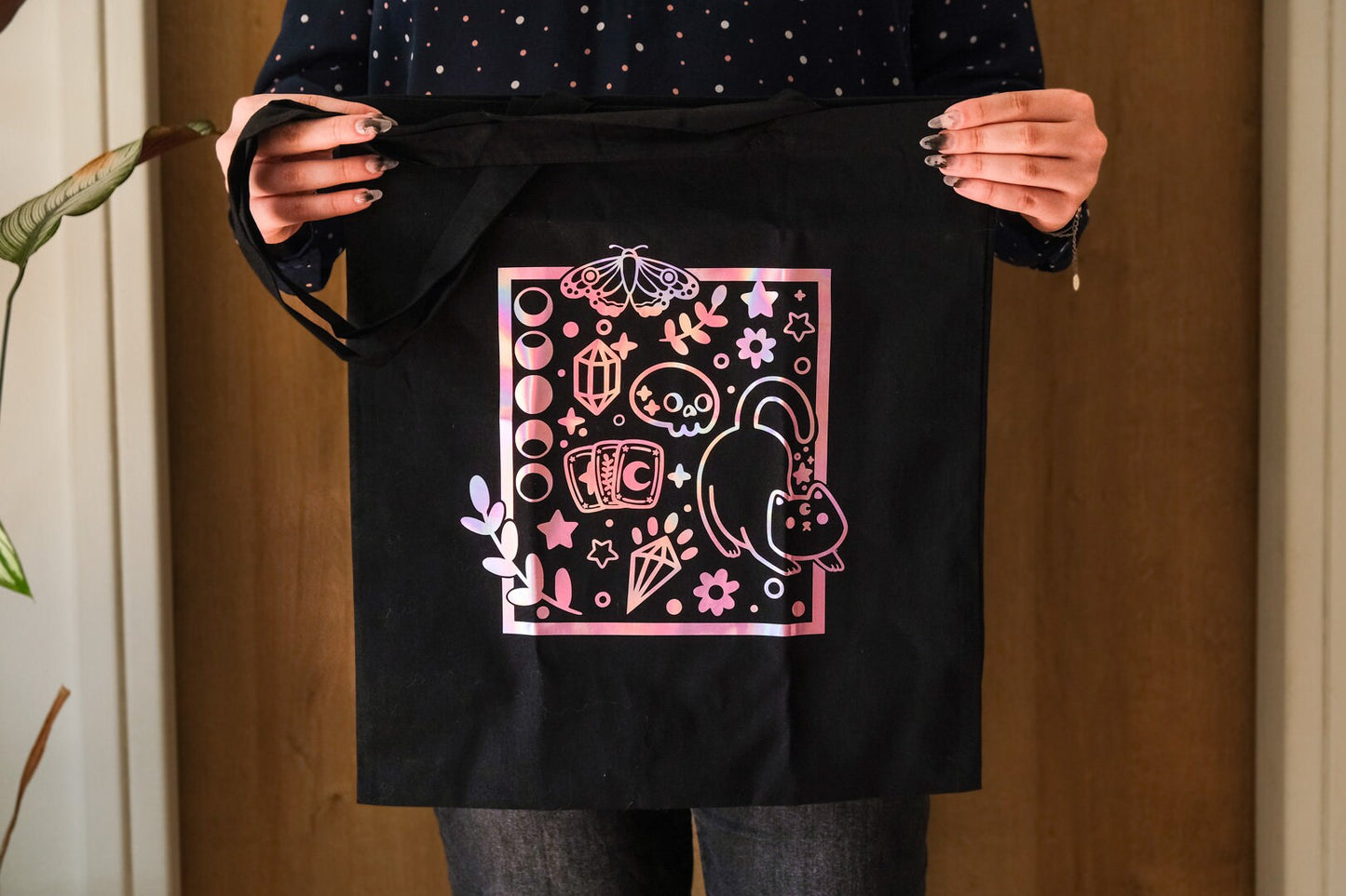 Witchy Holographic Black Totebag - Esoteric Cat and Tarot Card
