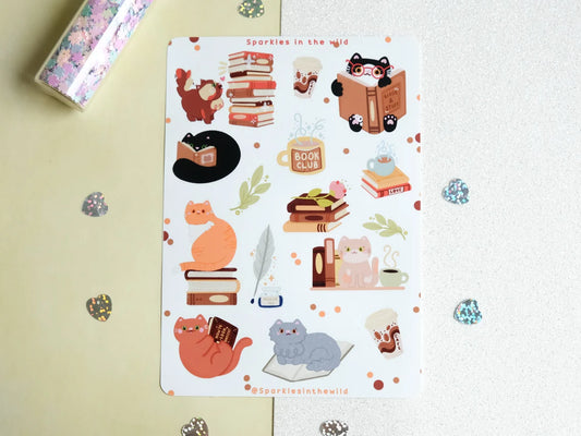Cozy Book Club with Cute Cats Sticker Sheet