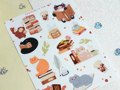 Cozy Book Club with Cute Cats Sticker Sheet