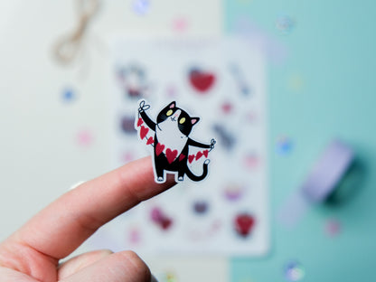 Love Sticker sheet - Cat and heart Sticker sheet - Scrapbooking Stickers - Kawaii Cute Cat Stickers