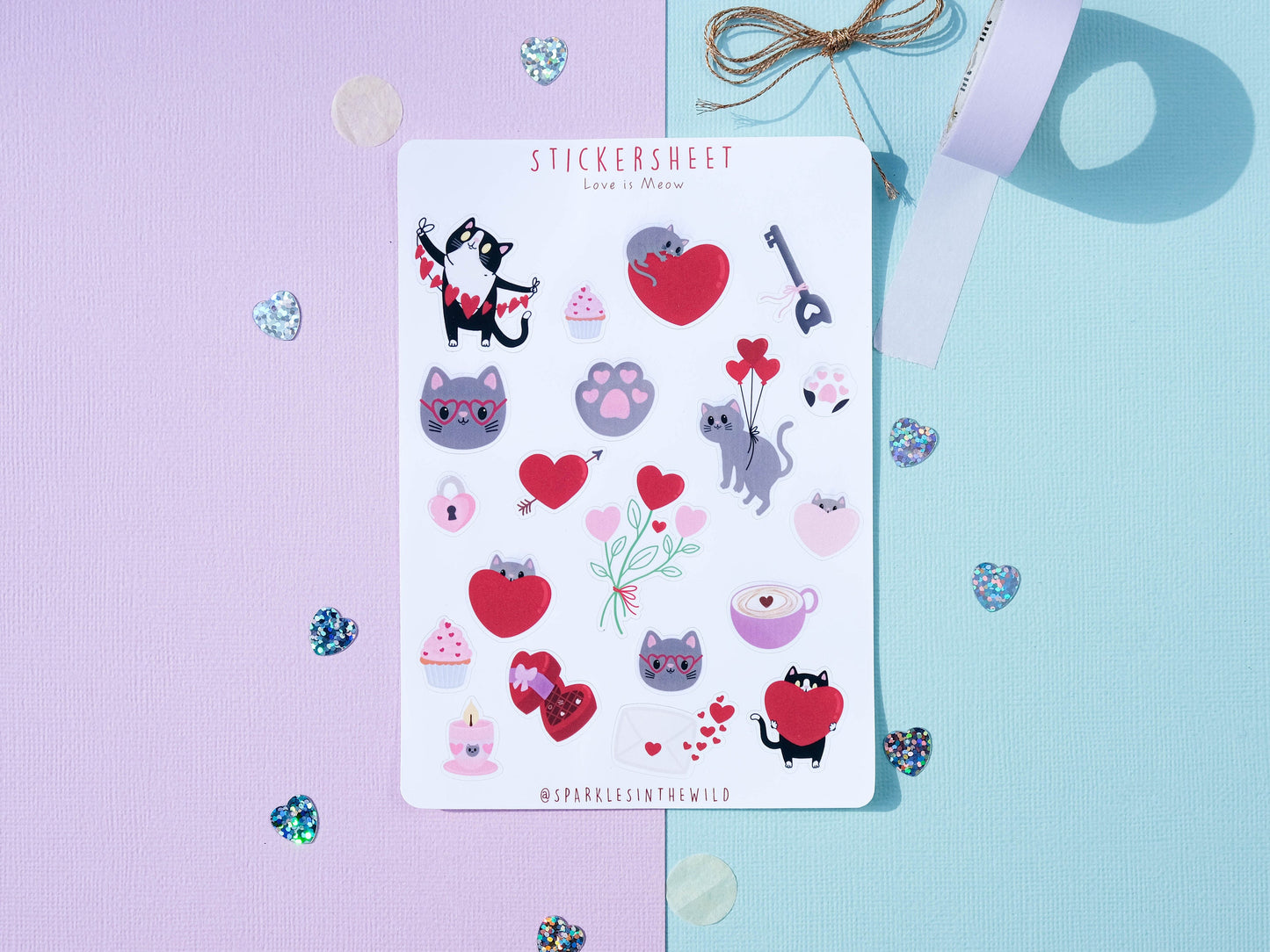 Love Sticker sheet - Cat and heart Sticker sheet - Scrapbooking Stickers - Kawaii Cute Cat Stickers