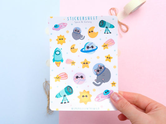 Sticker sheet Kawaii Space and Galaxy - Sticker Sheet Astronaut cat - Planner Stickers - Set of Sticker for Bullet Journal