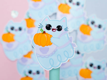 Cute Kitty Ghost Sticker - Cute Halloween sticker - Bullet Journal stickers - Cat with apron and pumpkin