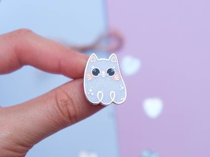 Cute Little Cat Ghost Hard Enamel Pin // White Cat with Glitters - Hard enamel pin for Halloween