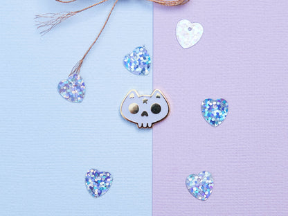 Cute Little Cat Skull Hard Enamel Pin // White Cat with Glitters - Hard enamel pin for Halloween