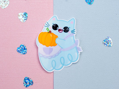 Cute Kitty Ghost Sticker - Cute Halloween sticker - Bullet Journal stickers - Cat with apron and pumpkin