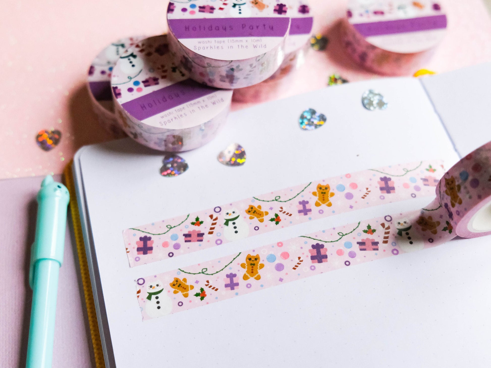 Washi tape 15mmx10m Christmas Happiness with cute cat, Christmas presents and decorations for Bullet journal