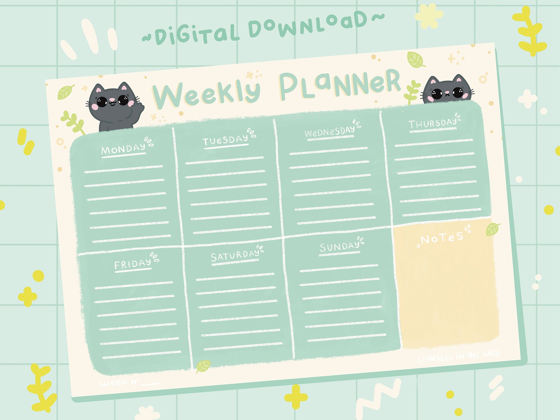Weekly planner printable cute with cat, A4 sheet to download and print at home