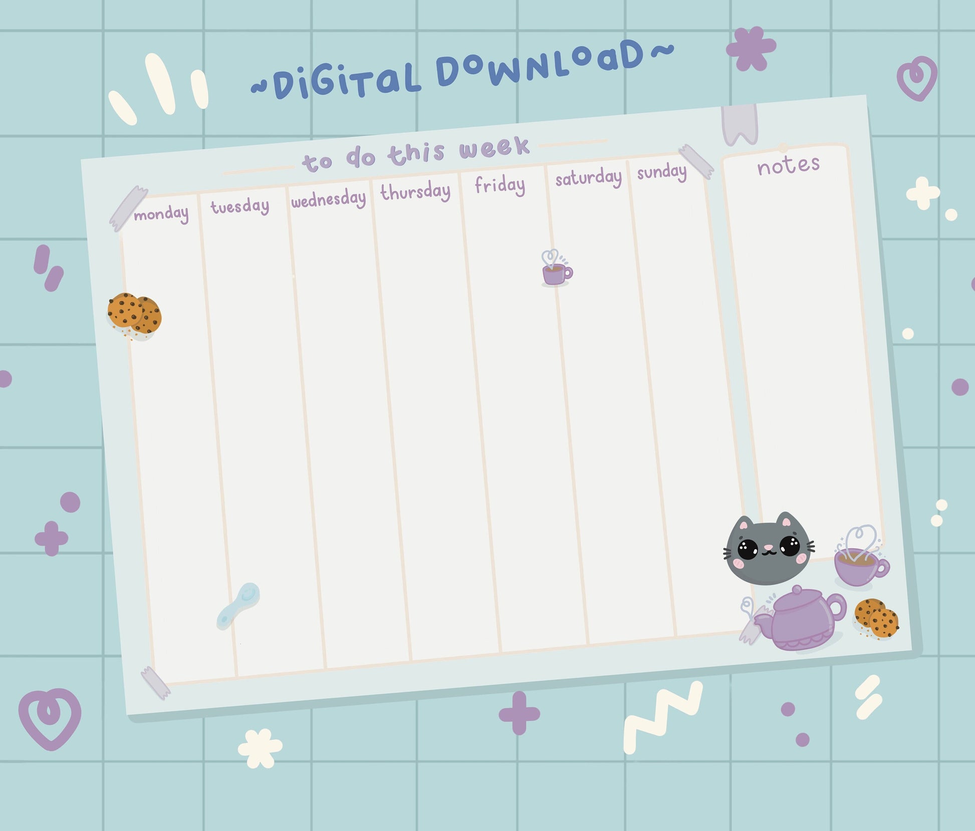 Weekly planner printable blue and purple with tea time A4 sheet to download and print at home