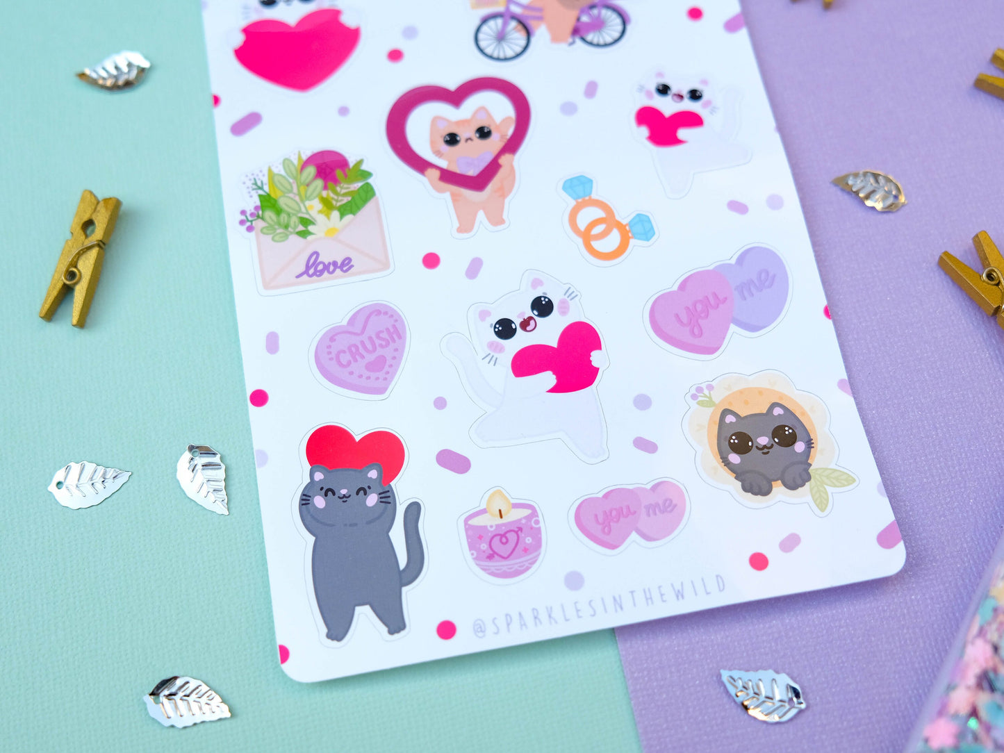 Sticker sheet water resistant Love and Hearts - Sticker Sheet Love is Loe with cats - Planner Stickers - Set of Sticker for Bullet Journal