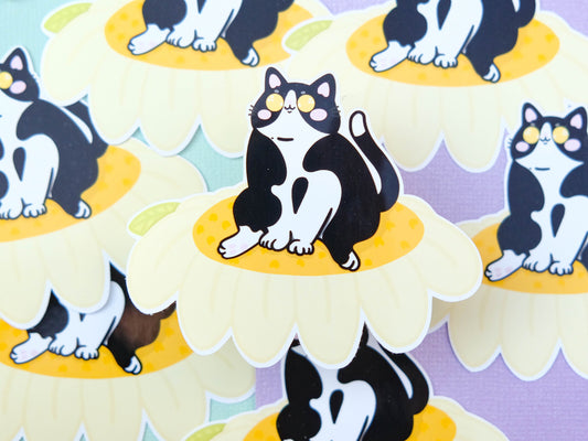 Sticker water resistant Spring yellow flower with tuxedo cat perfect to decorate every surface
