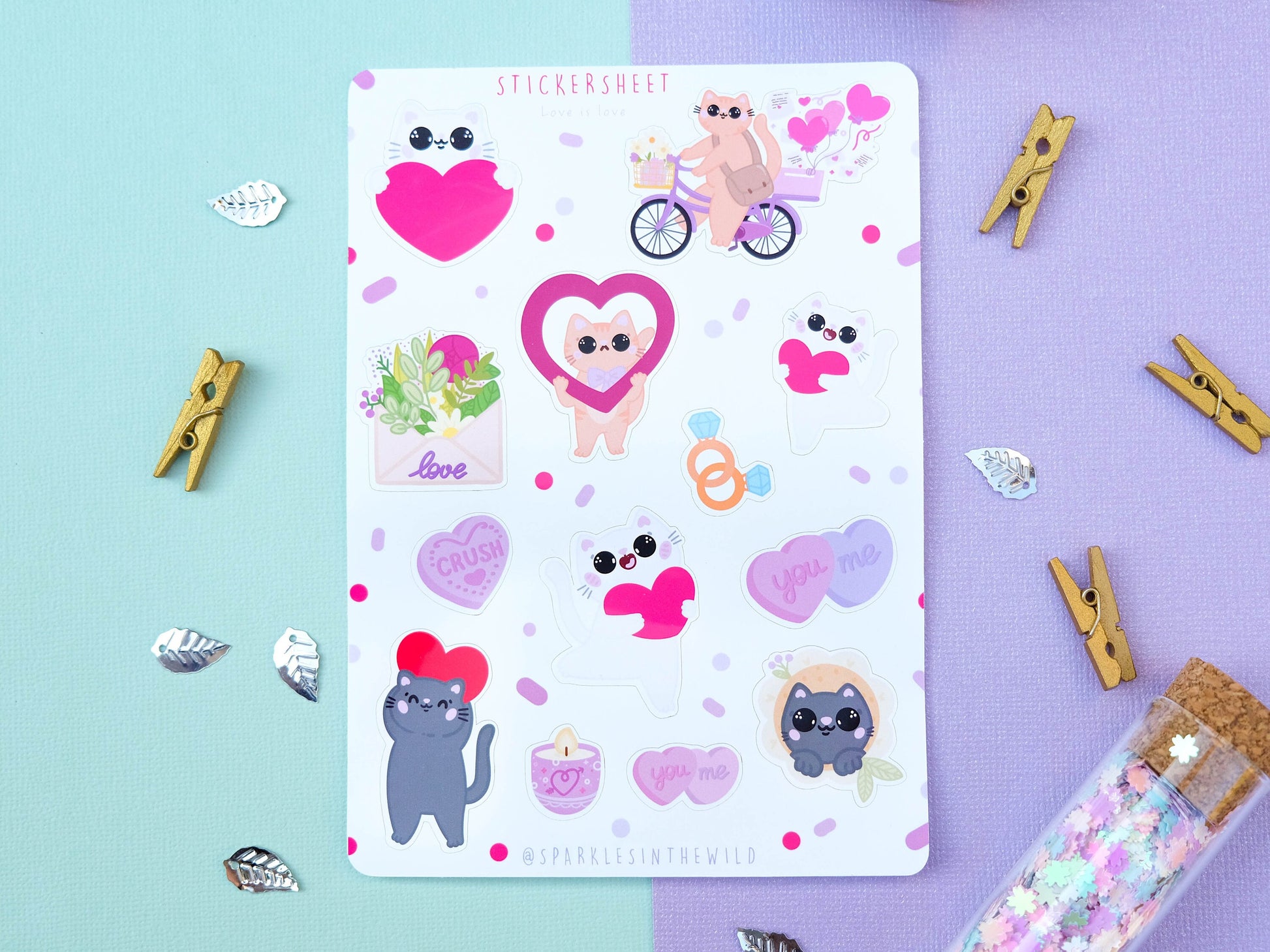 Sticker sheet water resistant Love and Hearts - Sticker Sheet Love is Loe with cats - Planner Stickers - Set of Sticker for Bullet Journal