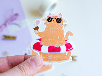 Sticker water resistant Ginger Cat with ice cream ready for Summer and Beach to decorate bullet journal and phone case
