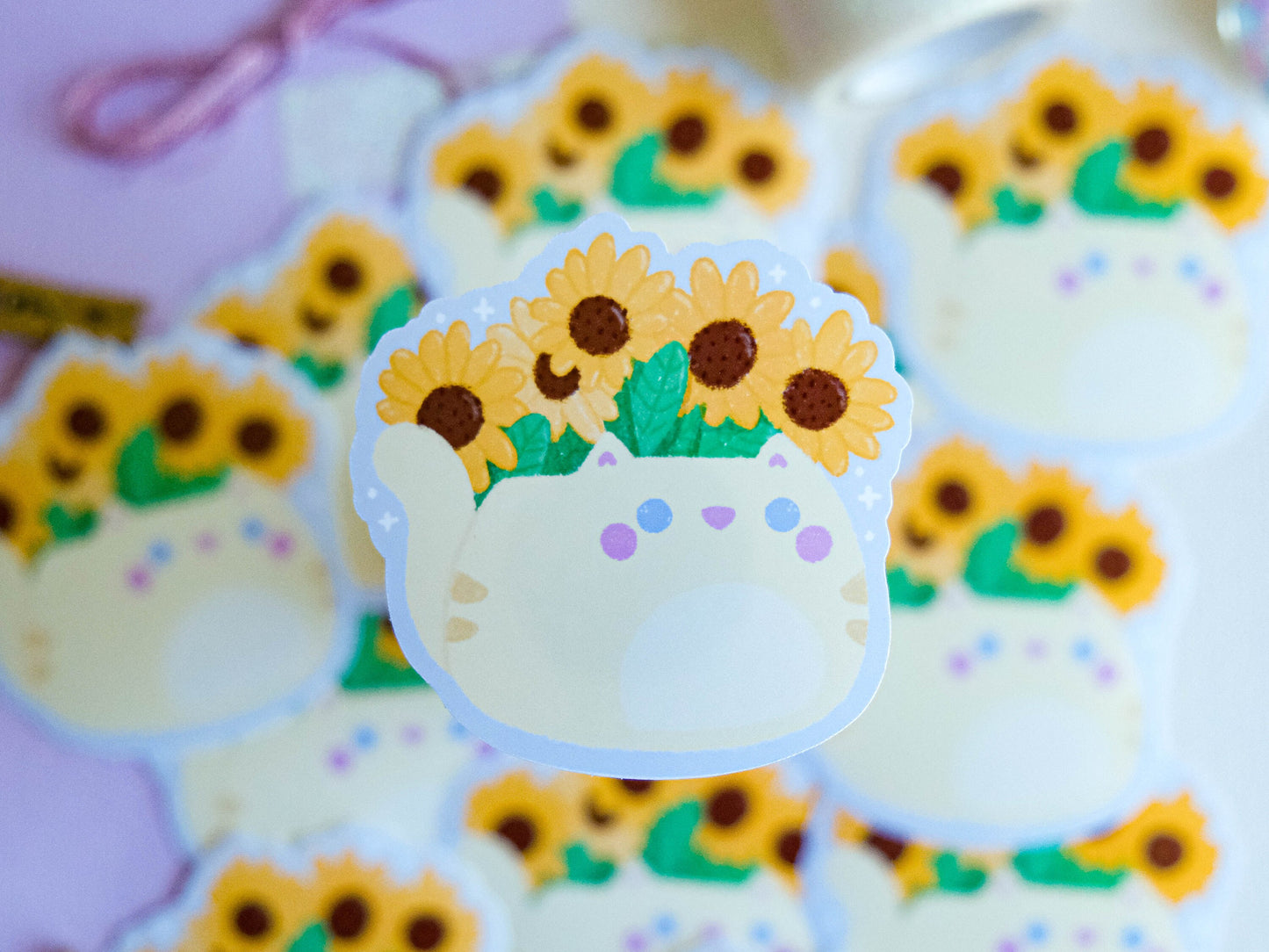 Sticker water resistant Kawaii Cat with Sunflowers to decorate bullet journal and phone case