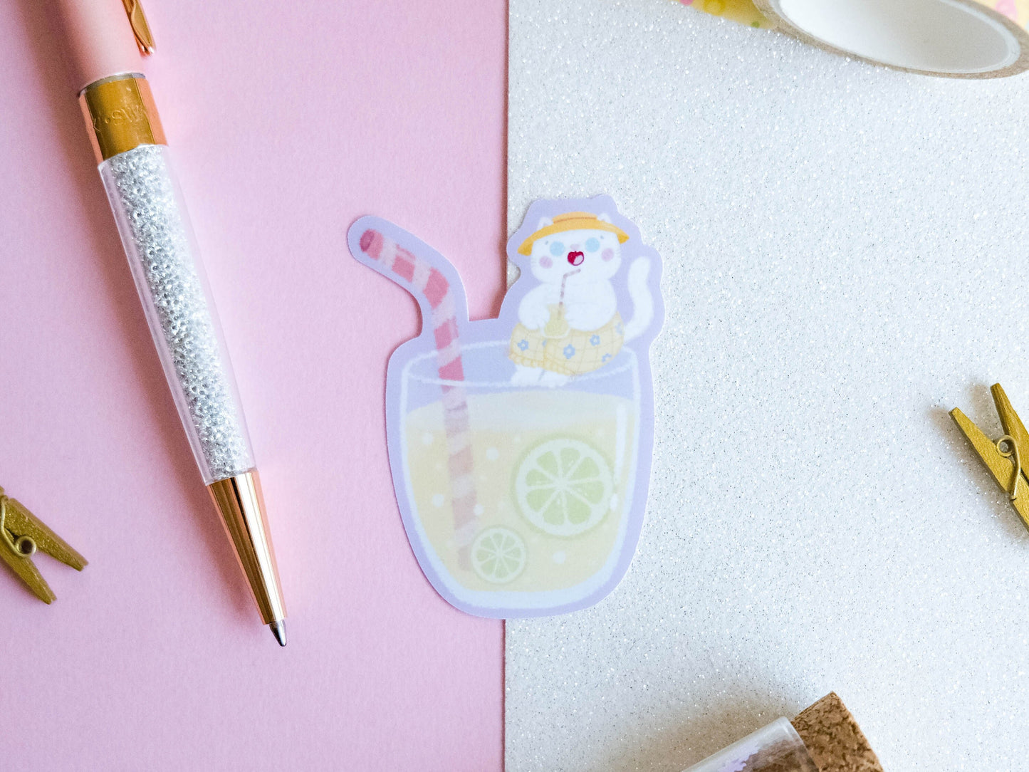 Sticker water resistant White Cat Lemonade ready for Summer and Beach to decorate bullet journal and phone case
