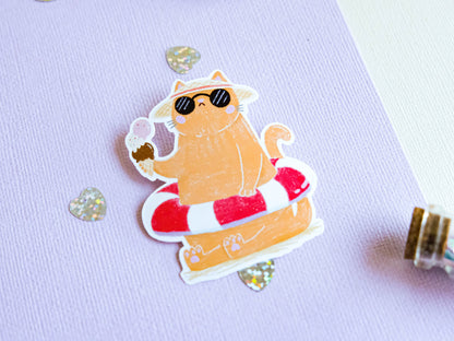Sticker water resistant Ginger Cat with ice cream ready for Summer and Beach to decorate bullet journal and phone case