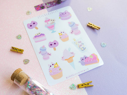 Stickersheet pastel colors water resistant Kawaii Sweets and Bobba with cute cat perfect to decorate bujo and planner