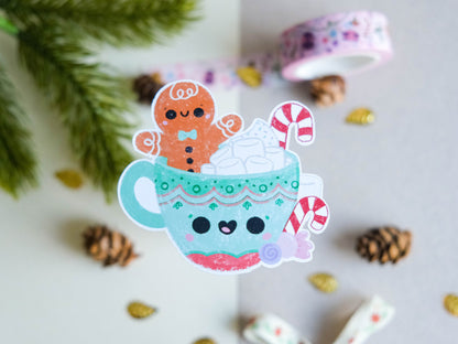 Sticker matte Cute Gingerbread Biscuit with Marshmallow mug for Christmas perfect to decorate every surface to celebrate the Holidays