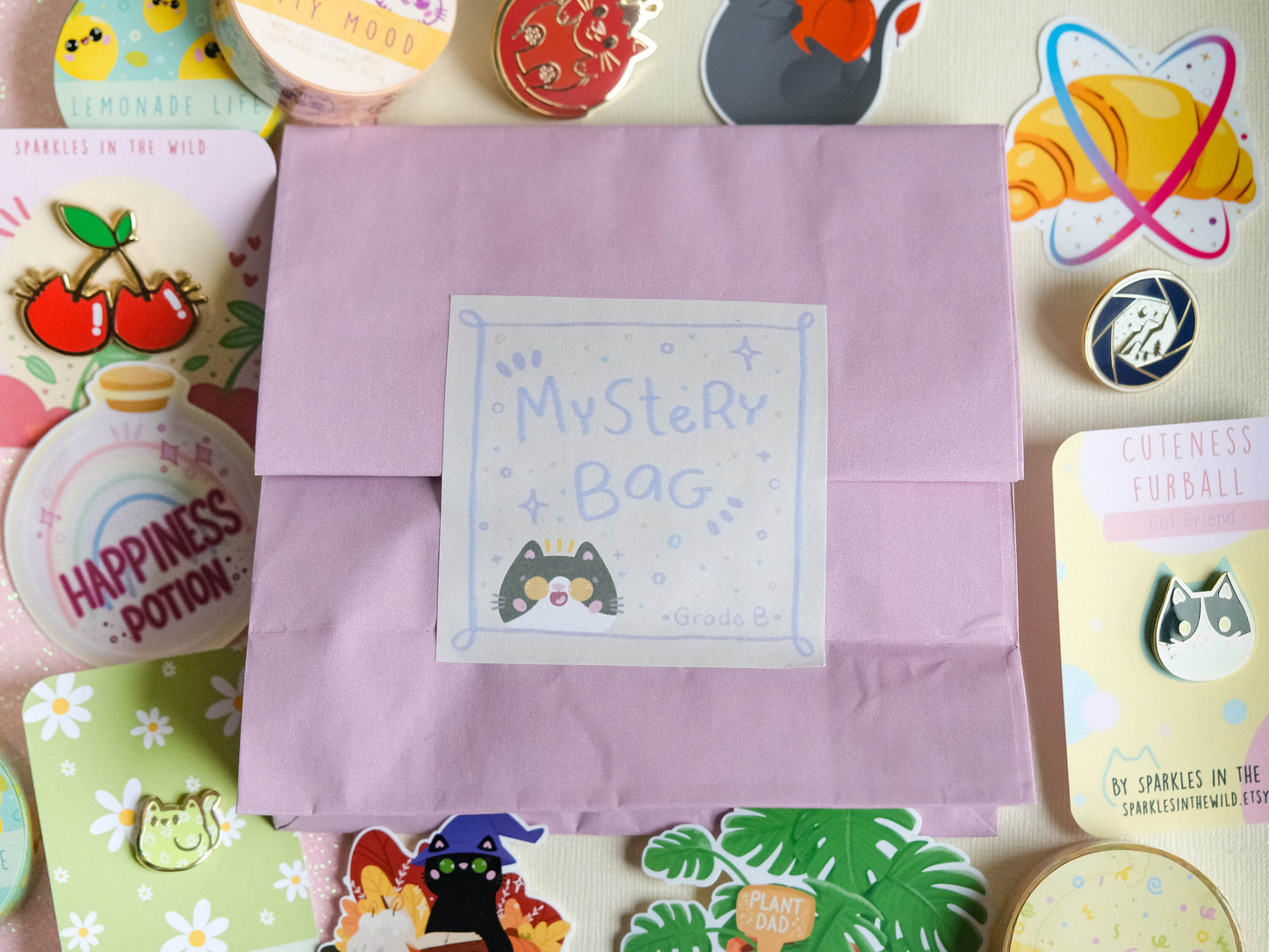 Mystery bag B-grade pack with Enamel Pin, Was Tape and Die-cut Sticker perfect for gift