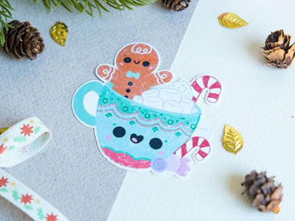 Sticker matte Cute Gingerbread Biscuit with Marshmallow mug for Christmas perfect to decorate every surface to celebrate the Holidays