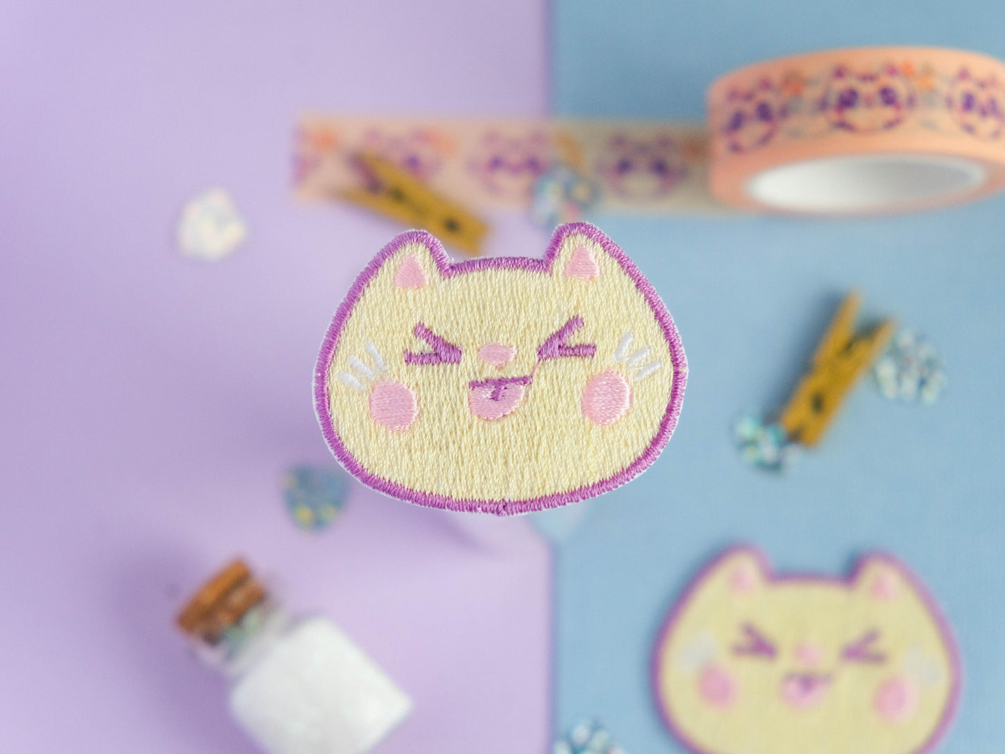 Cute patch iron-on embroidery cute yellow cheeky cat with his tongue out to decorate jackets and jeans