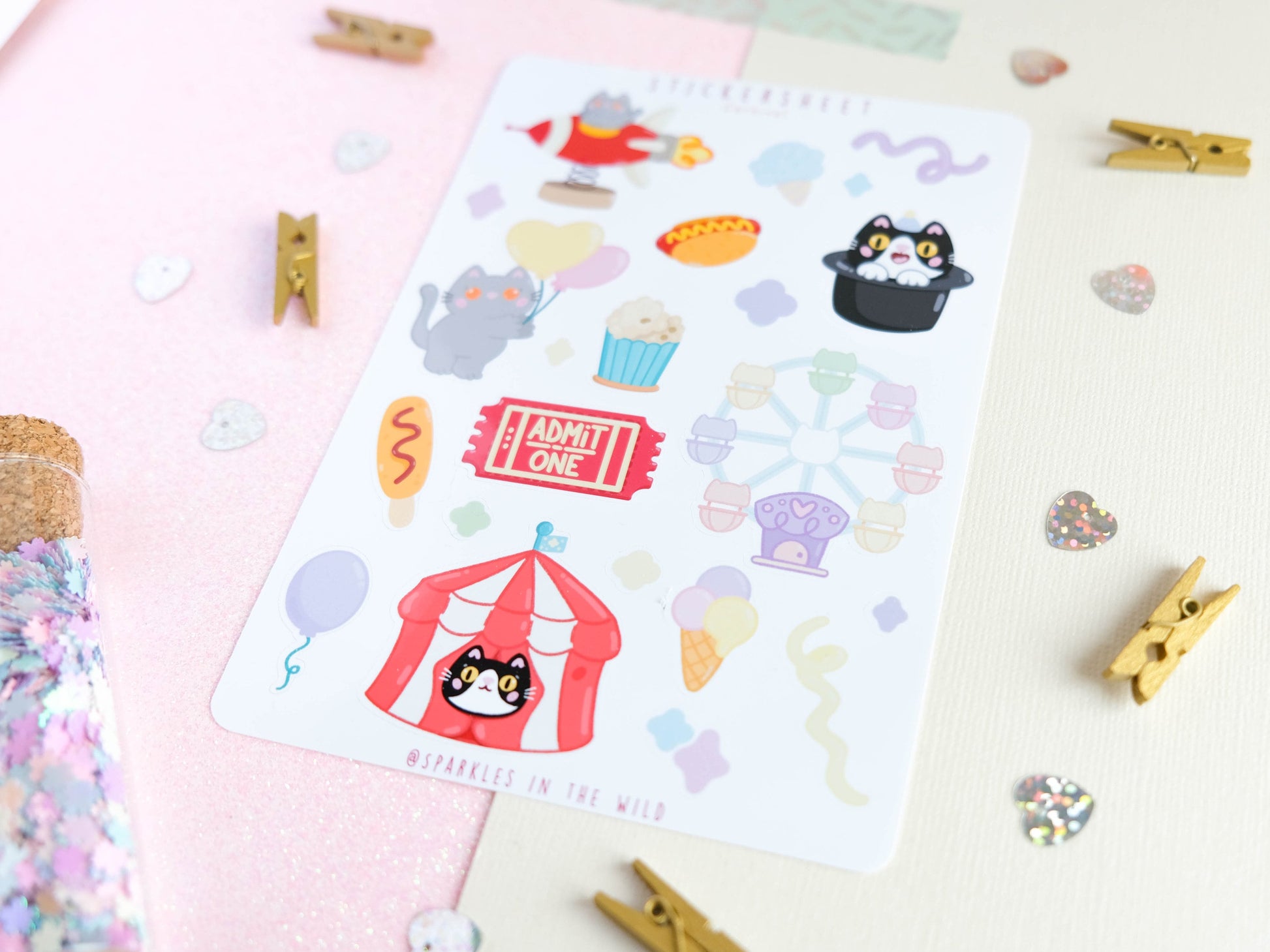 Stickersheet with pastel colors Carnival and Circus with cute little cats perfect to decorate your bujo and planner