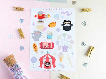Stickersheet with pastel colors Carnival and Circus with cute little cats perfect to decorate your bujo and planner