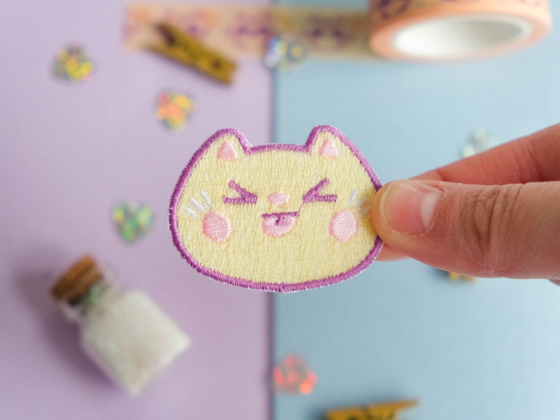 Cute patch iron-on embroidery cute yellow cheeky cat with his tongue out to decorate jackets and jeans