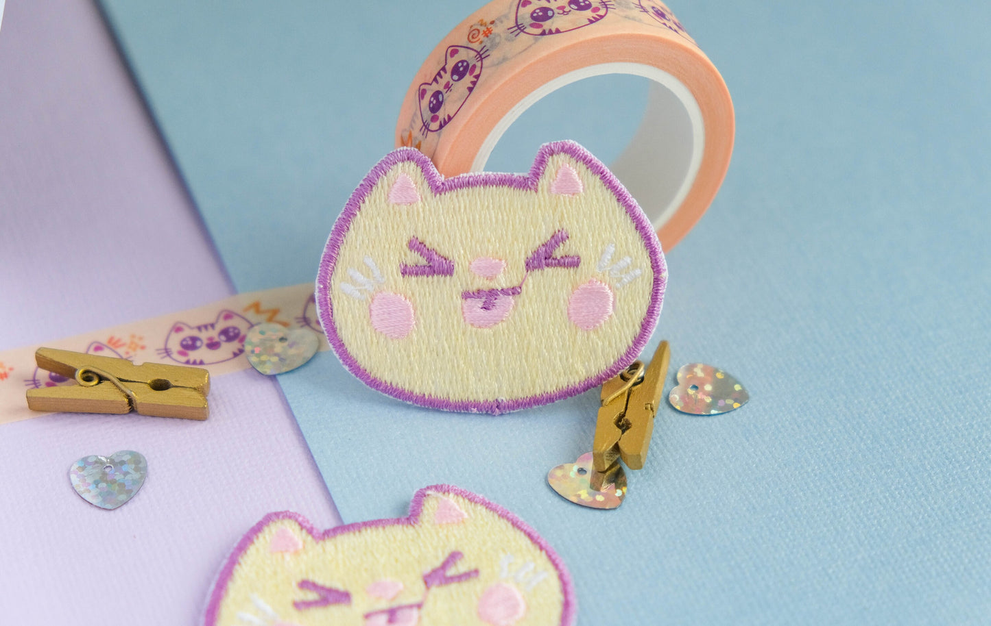 Cute patch iron-on embroidery cute yellow cheeky cat with his tongue out to decorate jackets and jeans
