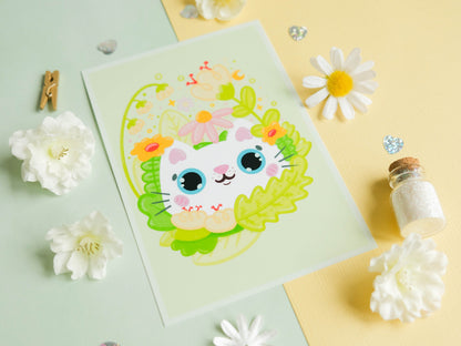 Illustration format carte A6 pour le Printemps avec un chat blanc dans un bouquet de fleurs parfait pour offrir ou décorer sa chambre