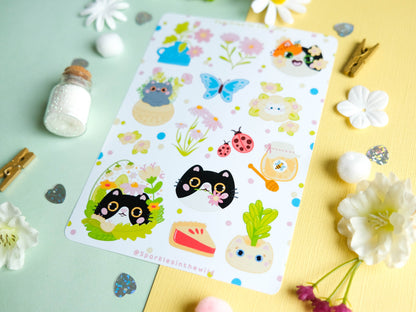 Sticker sheet water resistant colorful Spring with flowers and cats perfect for Bullet Journal and planner