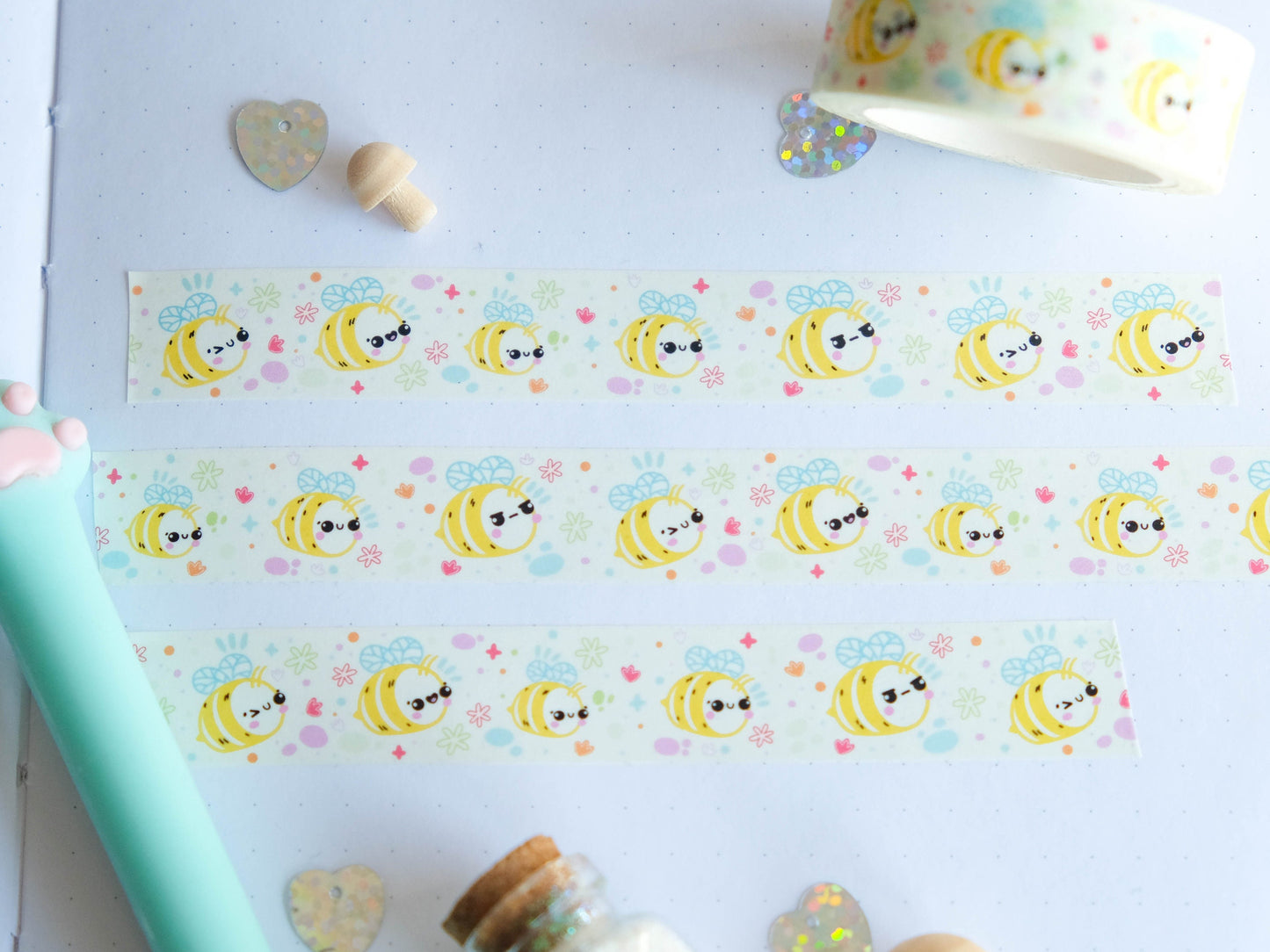 Washi tape kawaii yellow bees perfect for Spring 15mm x 10m - Masking tape bumblebees perfect to decorate bullet journal